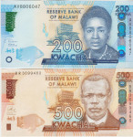 BANKOVEC 200-2019,500-2020 KWACHA P60e,P66b (MALAVI MALAWI) UNC