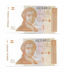 dvije novčanice 1 dinar 1991 UNC številke u nizu!!!