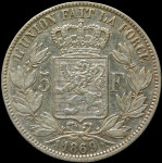 LaZooRo: Belgija 5 frankov 1869 VF / XF - srebro