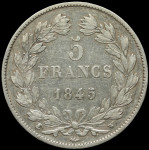 LaZooRo: Francija 5 Francs 1845 W VF / XF - srebro