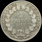 LaZooRo: Francija 5 Francs 1852 A VF - srebro