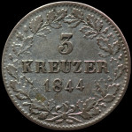 LaZooRo: Nemčija WÜRTTEMBERG 3 Kreuzer 1844 XF razpoke - srebro