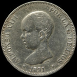 LaZooRo: Španija 5 Pesetas 1891 XF - srebro
