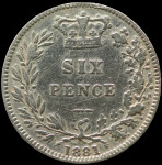 LaZooRo: Velika Britanija 6 Pence 1881 VF - srebro