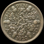 LaZooRo: Velika Britanija 6 Pence 1929 XF - srebro