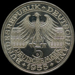 LaZooRo: Nemčija 5 Mark 1955 G Ludwig von Baden PROOF redek - Srebro