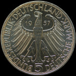 LaZooRo: Nemčija 5 Mark 1957 J UNC von Eichendorff redkejši - Srebro