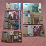 EURO SET (5-500) 24k pozlačeni spominski bankovci (z dodanimi barvami)