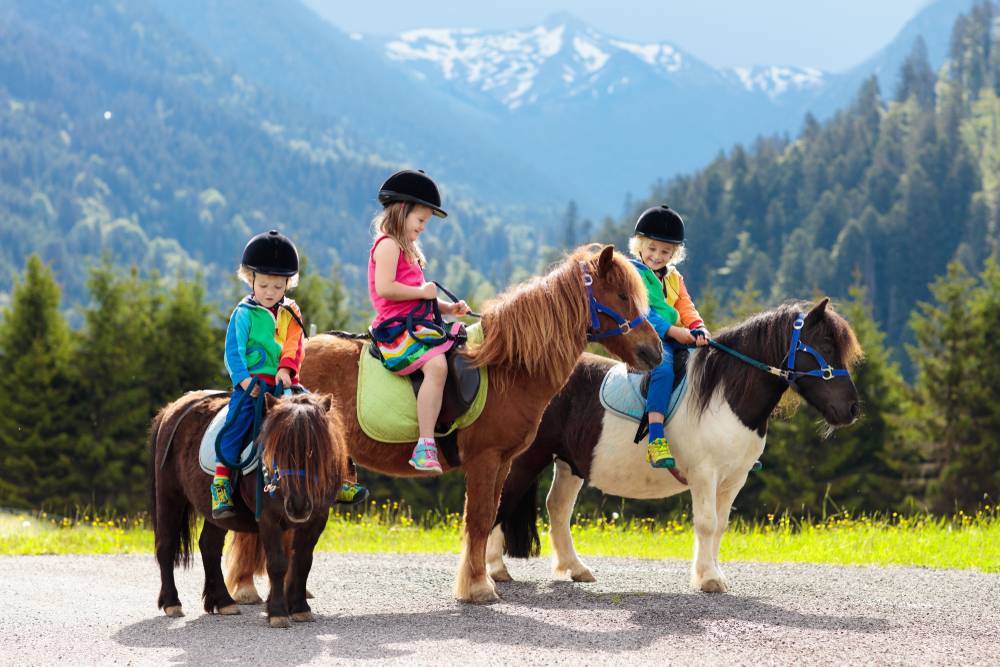 Pogled na tri otroke, ki zadovoljno jahajo ponije na kmečkih počitnicah v Alpah.