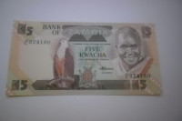 Bankovec Zambija 5 kwacha 1987  UNC