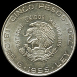 LaZooRo: Mehika 5 Pesos 1955 UNC - Srebro