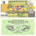 AUSTRALIJA, WORLD EXPO 1988, 5 dolarjev, UNC