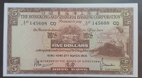 HONG KONG & SHANGHAI 5 DOLARJEV 1969 UNC