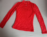Rdeča ženska elegantna majica s čipko, XS
