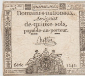 BANK. FRANC.REVOLUCIJA 15 SOLS, PA65b Vodni žig (FRANCIJA) 23.1793 .VF