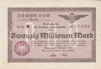 BANKOVEC 20 MILLIONEN,20000000 KOLN-NEM.ŽEL.(REICH NEMČIJA)1923.XF++