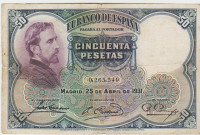 BANKOVEC 50 PESETAS (ŠPANIJA) 1931.VF