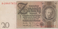 BANKOVOVEC 20 REICHMARK P181a/1kont.žig(REICH NEMČIJA)1924(1929).VF