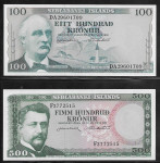 ISLANDIJA  100  in 500  kron 1961 UNC