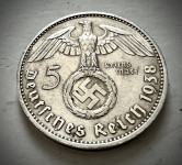1938 F SREBRNIK Nemčija nacizem 5 Reichsmark 3. Reich nazi (otaku)