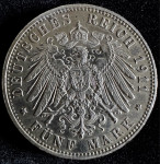 1911 Bavaria 5 Mark Silver Coin Otto D VF+