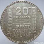 LaZooRo: Francija 20 Francs 1933 XF d - Srebro
