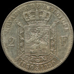 LaZooRo: Belgija 2 Francs 1880 XF redkejši - srebro