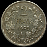 LaZooRo: Belgija 2 Francs Frank 1909 XF - Srebro