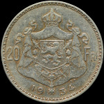 LaZooRo: Belgija 20 Francs Frank 1934 XF / UNC - srebro