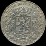 LaZooRo: Belgija 5 Francs 1873 XF / UNC - srebro