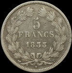 LaZooRo: Francija 5 Francs 1833 T VF - srebro