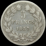 LaZooRo: Francija 5 Francs 1837 A VF - srebro