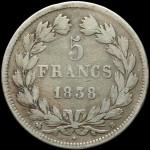 LaZooRo: Francija 5 Francs 1838 B VF - srebro