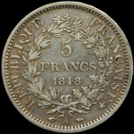 LaZooRo: Francija 5 Francs 1848 A VF / XF - srebro
