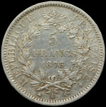 LaZooRo: Francija 5 Francs 1873 A XF - srebro