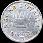 LaZooRo: Italija 5 Soldi 1813 M F / VF Napoleon I - srebro