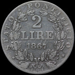 LaZooRo: Italija Vatikan Papeška država 2 Lire 1867 R VF / XF - srebro