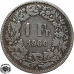 LaZooRo: LaZooRo: Švica 1 Franc 1906 VF e - Srebro