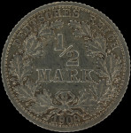 LaZooRo: Nemčija 1/2 Mark 1909 F prek F UNC – srebro  KM# 17 1/2 MARK