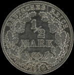 LaZooRo: Nemčija 1/2 Mark 1918 F UNC razsekana 8 počena - srebro