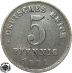 LaZooRo: Nemčija 5 Pfennig 1921 G XF