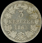 LaZooRo: Nemčija HESSE DARMSTADT 3 Kreuzer 1865 UNC redkejši - srebro