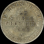 LaZooRo: Nemčija PRUSSIA 2-1/2 Groschen 1842 A VF / XF - srebro