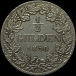 LaZooRo: Nemčija WÜRTTEMBERG 1/2 Gulden 1850 VF / XF redkejši - srebro