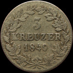 LaZooRo: Nemčija WÜRTTEMBERG 3 Kreuzer 1849 VF - srebro