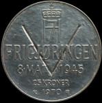 LaZooRo: Norveška 25 Kroner 1970 UNC PROOF 25. obletnica - srebro
