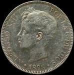 LaZooRo: Španija 5 Pesetas 1898 XF - srebro