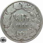 LaZooRo: Švica 1/2 Franc 1908 VF c - Srebro