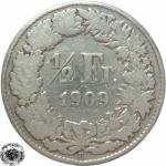 LaZooRo: Švica 1/2 Franc 1909 VF - Srebro