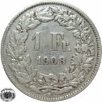LaZooRo: Švica 1 Franc 1908 VF/XF b - Srebro